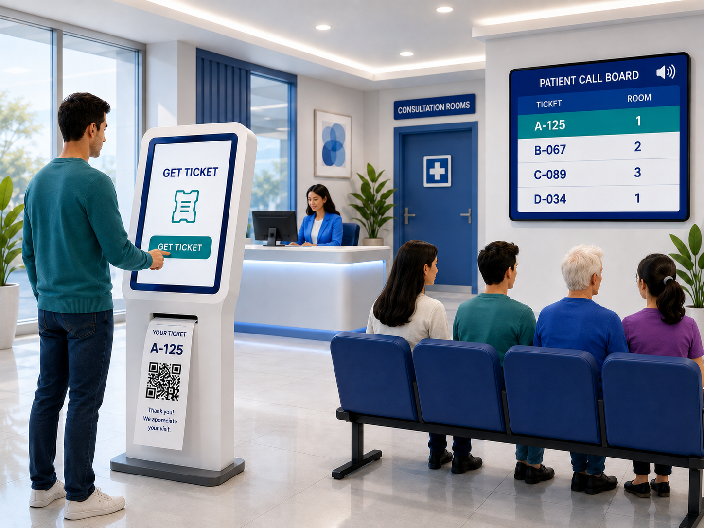 Clinic waiting room: a patient takes their ticket at a self-service kiosk, and a wall display shows the patient call board with room numbers.