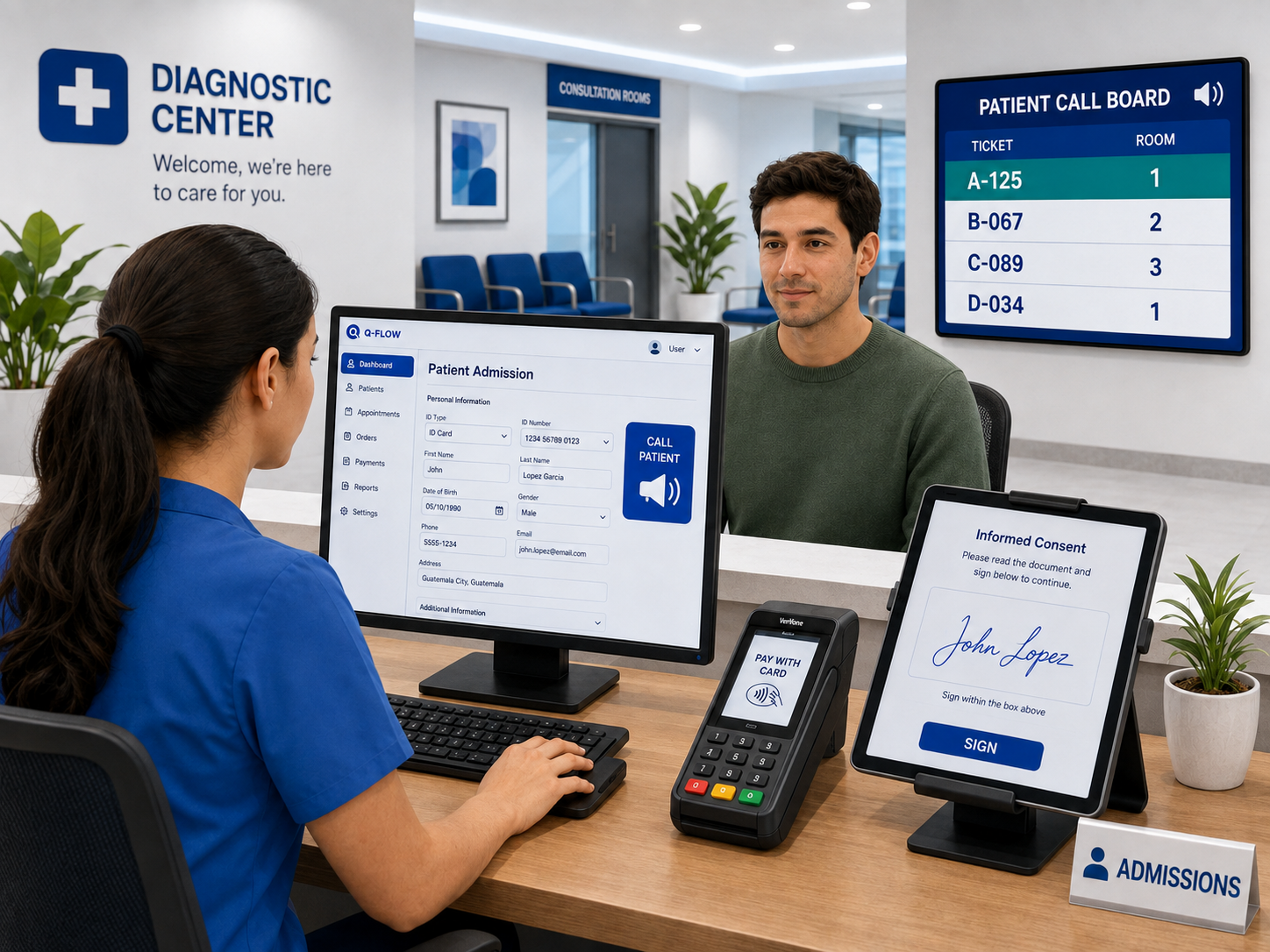 Admissions desk at a diagnostic centre: an operator completes the patient admission on screen, with a card terminal and a tablet showing an informed consent form ready to sign.